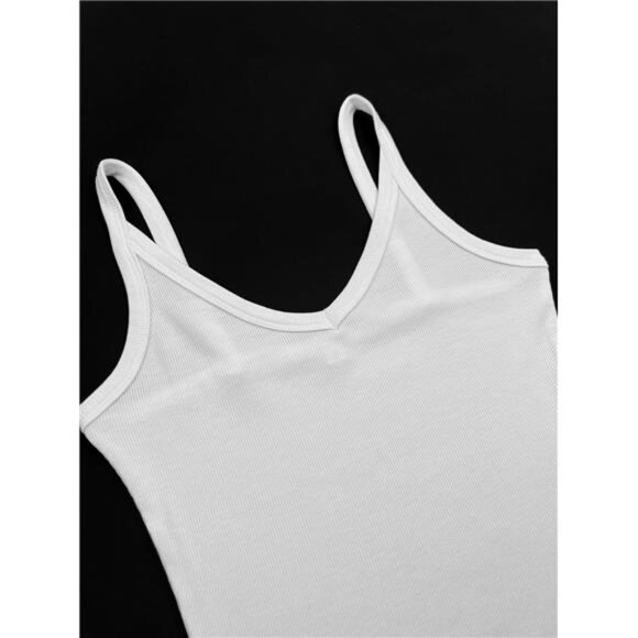 Women's White Sleeveless Spaghetti Strap V-Neck Ribbed Tank Tops T-shirts‎ - Picture 3 of 6